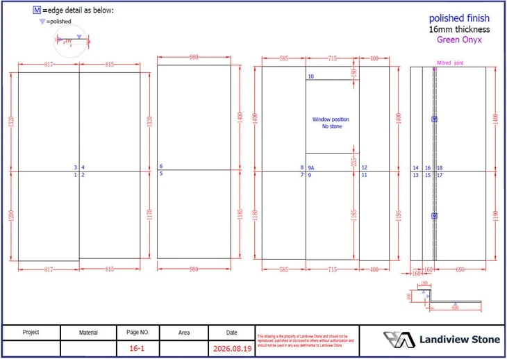 Green Onyx tiles shop drawings showing dimensions, piece numbers, polished finish, 16 mm thickness, window opening and mitered joint.