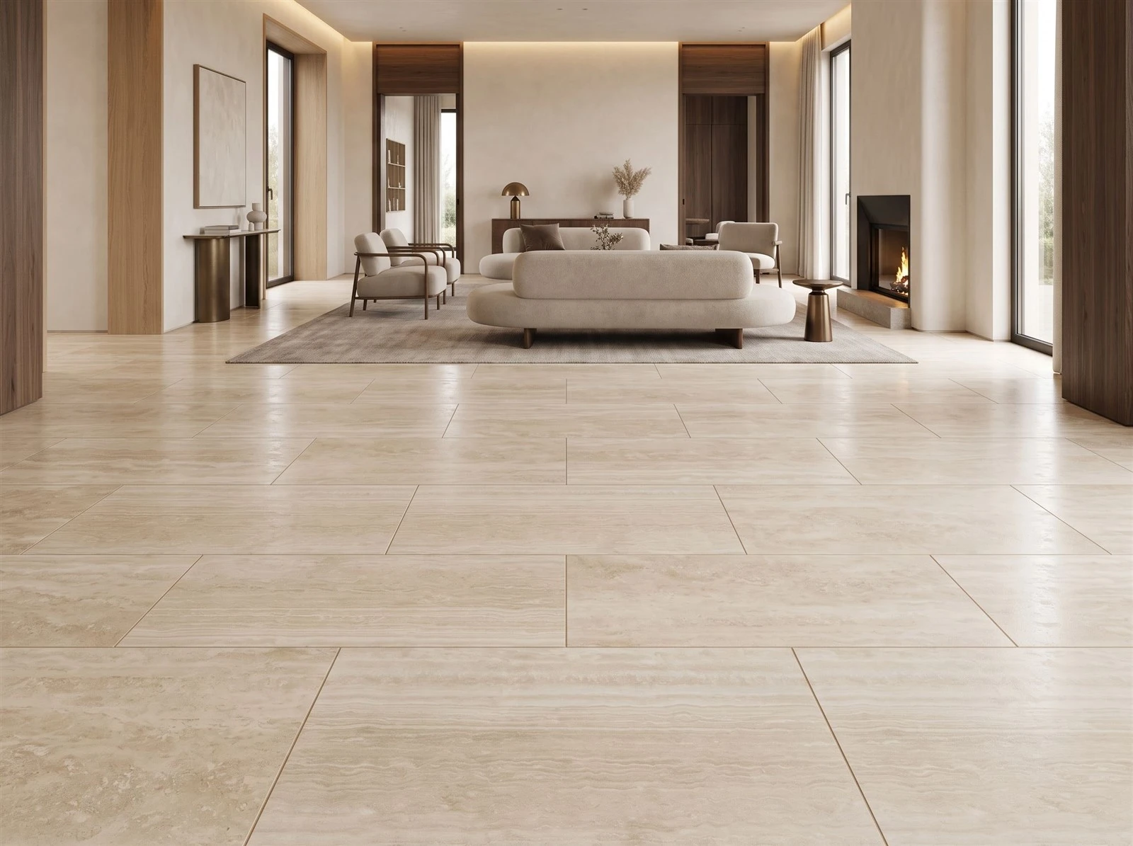 Italian Roman Travertine floor tiles with visible grout joints in the living room of a luxury custom home Italian Roman Travertine floor tiles with visible grout joints in the living room of a luxury custom home